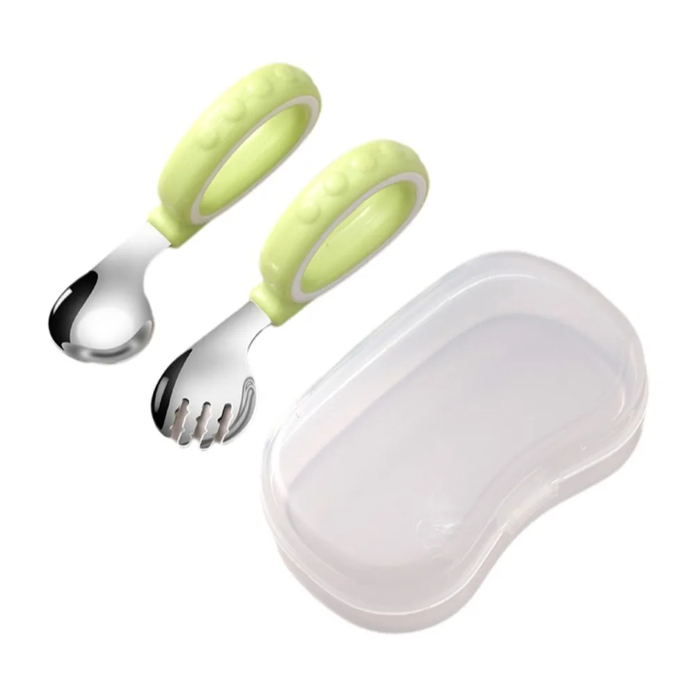 316L Stainless Steel Spoon Fork Set Easy Grip Smooth Polished Training Spoon Set with Storage Case Ring Handle Design
