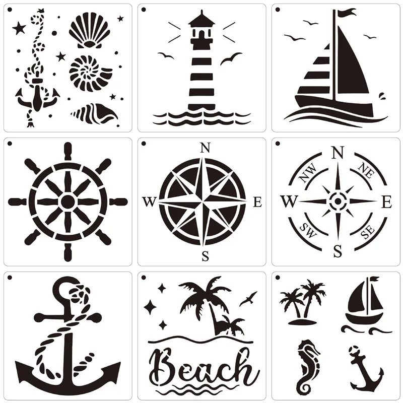 9pcs Nautical Theme Stencil Set