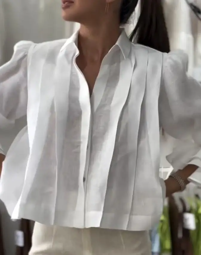 Turn-Down Collar Puff Sleeve Loose Blouse Casual Pleated Linen Crop Top Women's Summer Fashion Casual Wear