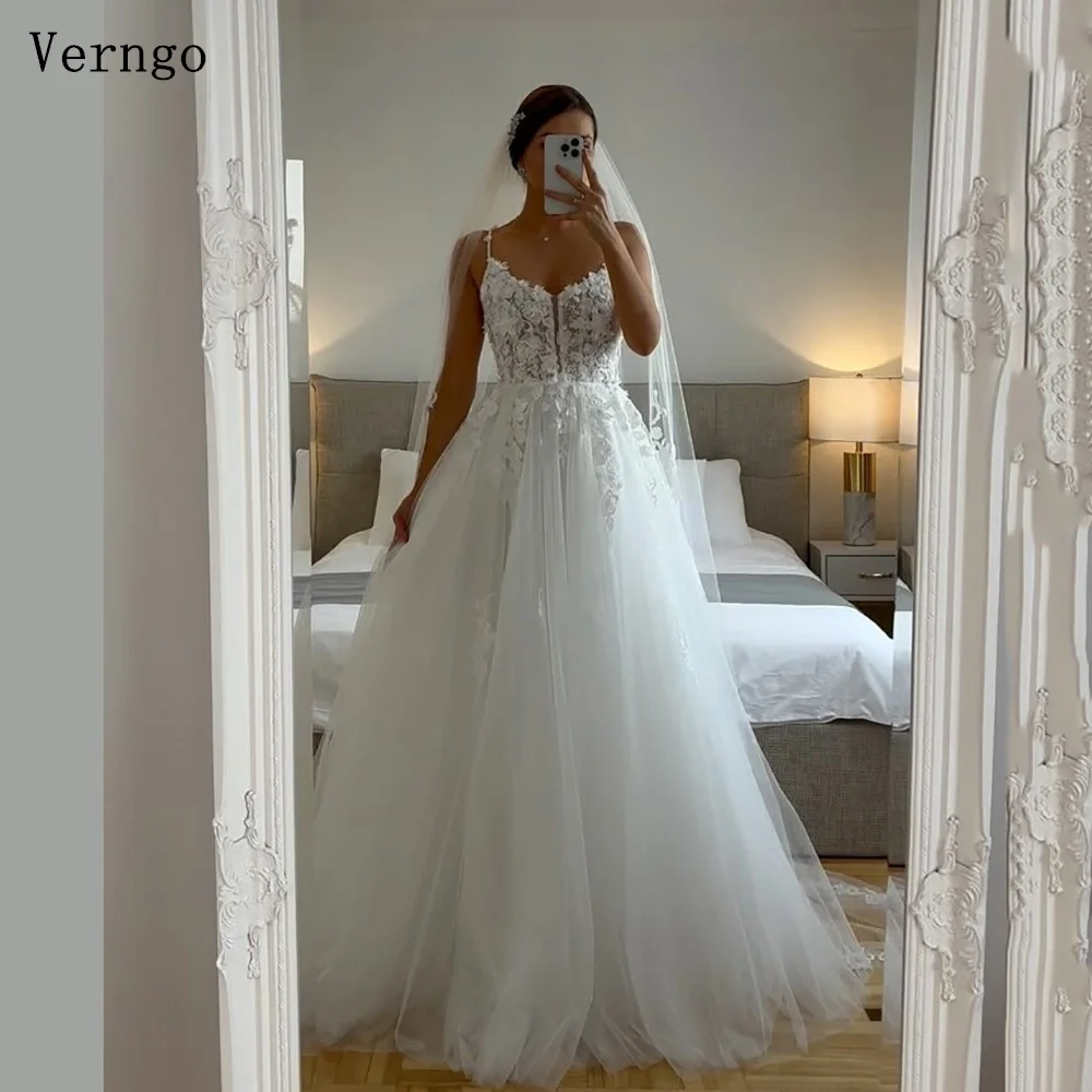 

Verngo Appliques A Line Wedding Dresses Spaghetti Straps Sweap Train Elegant Bridal Gowns Formal Long Bride Dress Customized