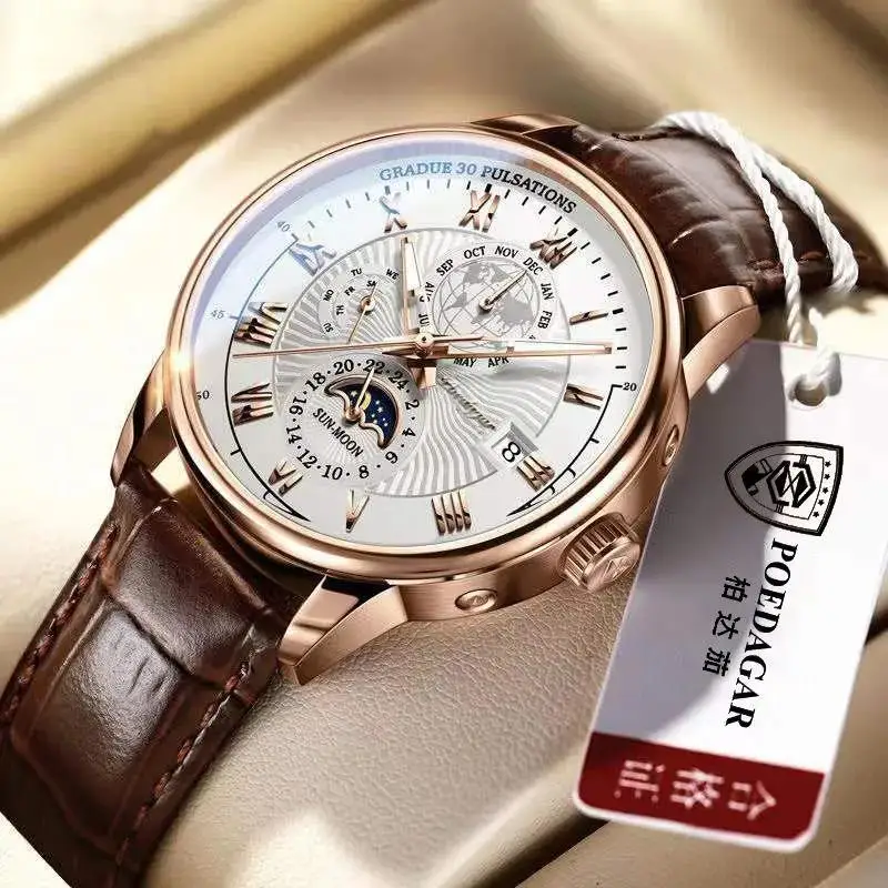 Men Moon Phase Chronograph Watch, White Hollow Dial Rose Gold Case Brown Leather Strap Luminous Waterproof Business Wristwatch