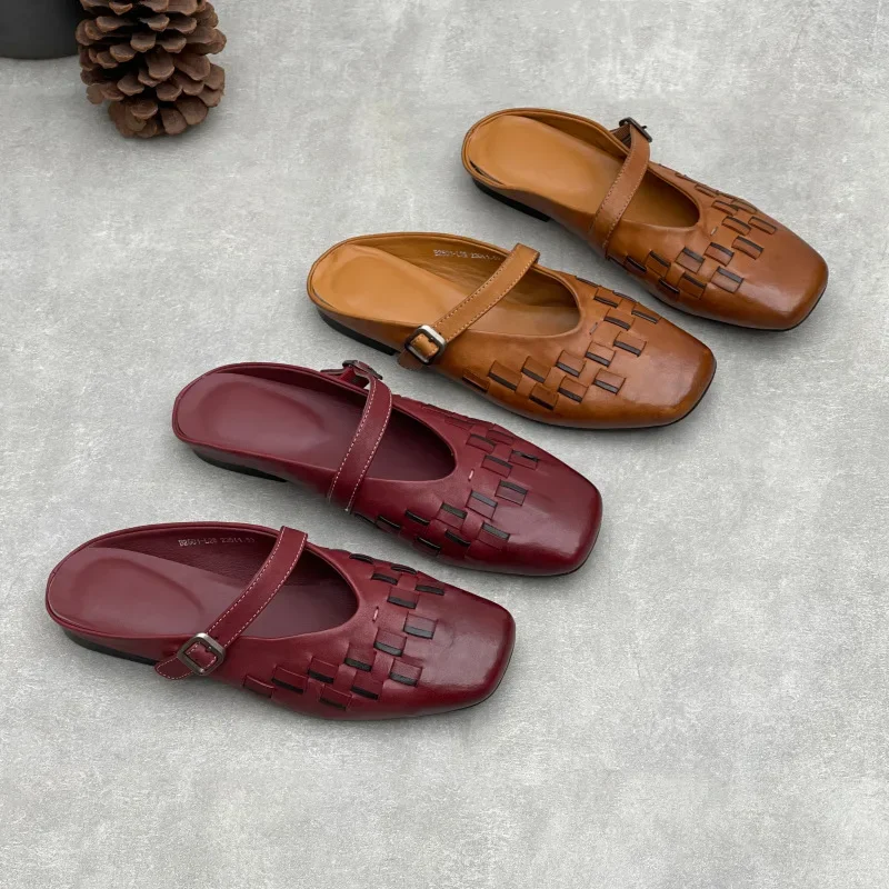 Vintage Woven Genuine Leather Mules Women Square Toe Closed Toe Backless Flats Retro Washed Cowhide Buckle Strap Summer Slippers