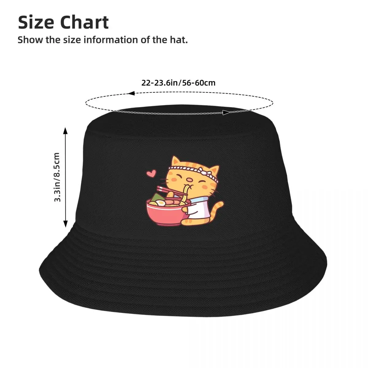 Cute Tabby Cat Chef Eating Ramen Noodles Bucket Hats Panama Hat Children Bob Hats Hip Hop Fisherman Hats Fishing Unisex Caps