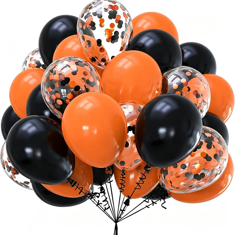 Globos de Confeti Negros y Naranjas de 12 Pulgadas, Decoraciones para Fiestas de Halloween, Graduación y Black Friday, Cintas