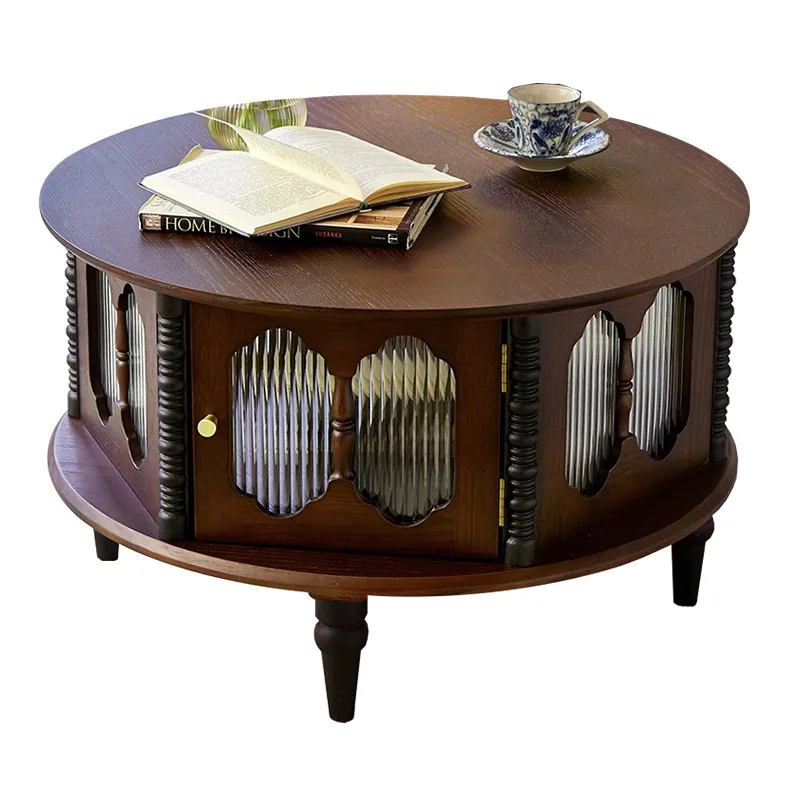 

Retro solid wood round coffee table small coffee table Changhong glass medieval small apartment living room French tea table