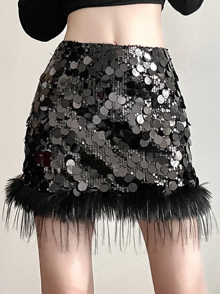 Sexy Mini Skirt Y2k Slim Women Clothing Feather Streetwear Sequined A-Line Faldones Para Mujer High Waist Casual Fashion Outfits