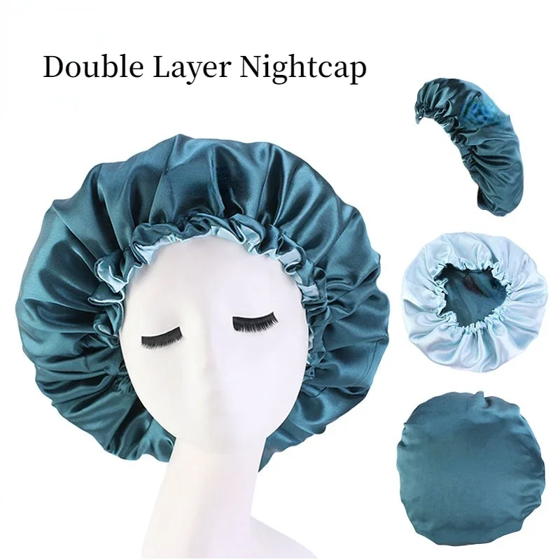 Gorro de noche ajustable para mujer, gorro de satén de doble capa, rizado, elástico, para el cabello, para el cuidado del cabello, sombrero de noche, accesorio de estilo de moda