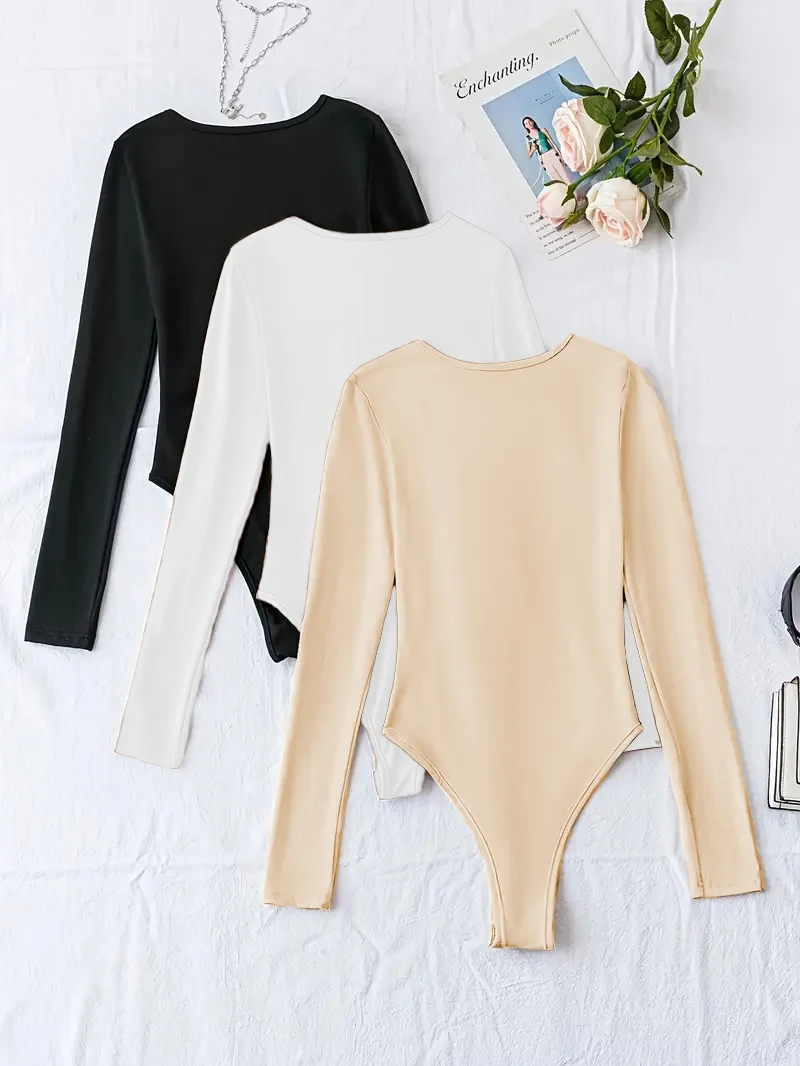 Langärmliges, einfarbiges, figurbetontes, vielseitiges, eng anliegendes, einteiliges Oberteil für Frühling und Herbst mit dreiteiligem Set