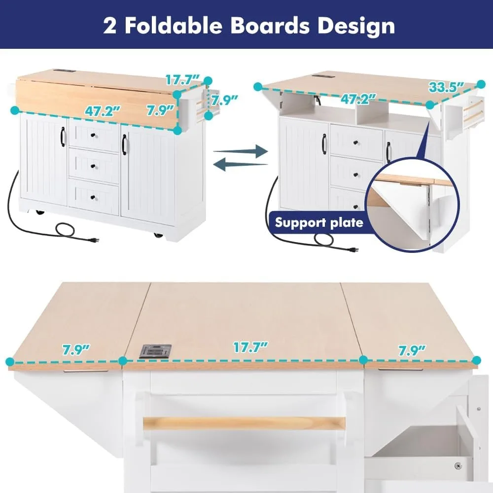جزيرة مطبخ متنقلة بأوراق قطرة مزدوجة ومخرج طاقة ومنشفة ورفوف توابل
