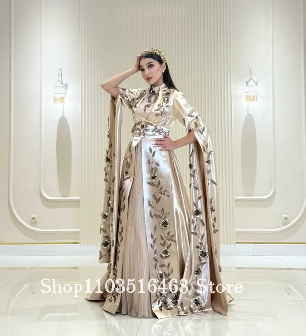Customised Champagne Gown with Exquisite Embroidery and Beading Muslim Long Sleeve Bridal Dress Islamic Wedding Evening Gown