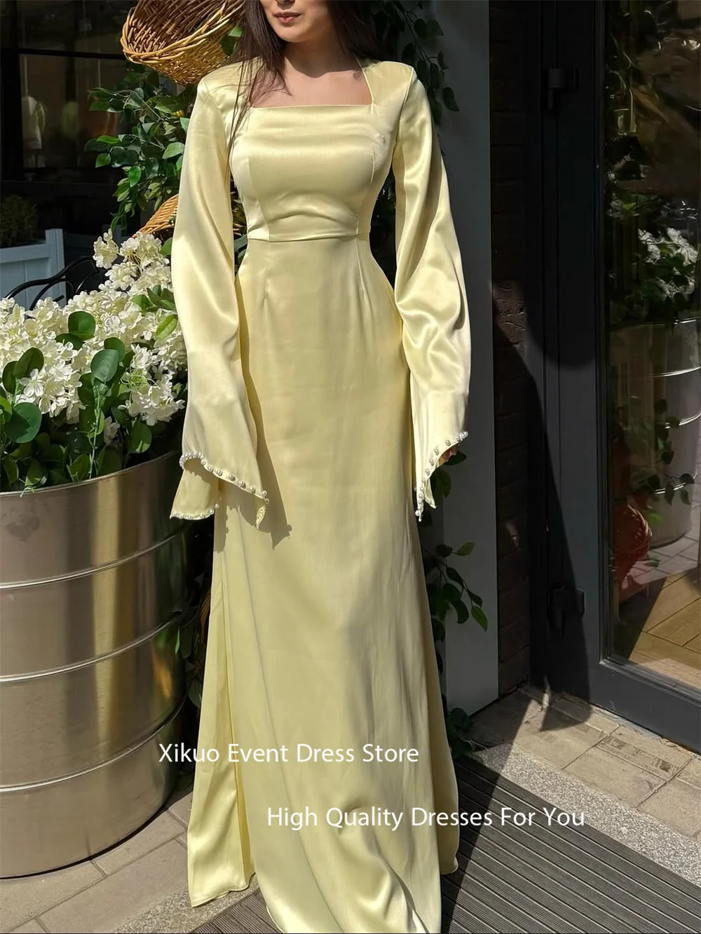 Xikuo Pearl Sleeves Satin Evening Dress Square Neck Wedding Party Dress Summer Elegant Vestidos De Boda Para Fiestas Customized