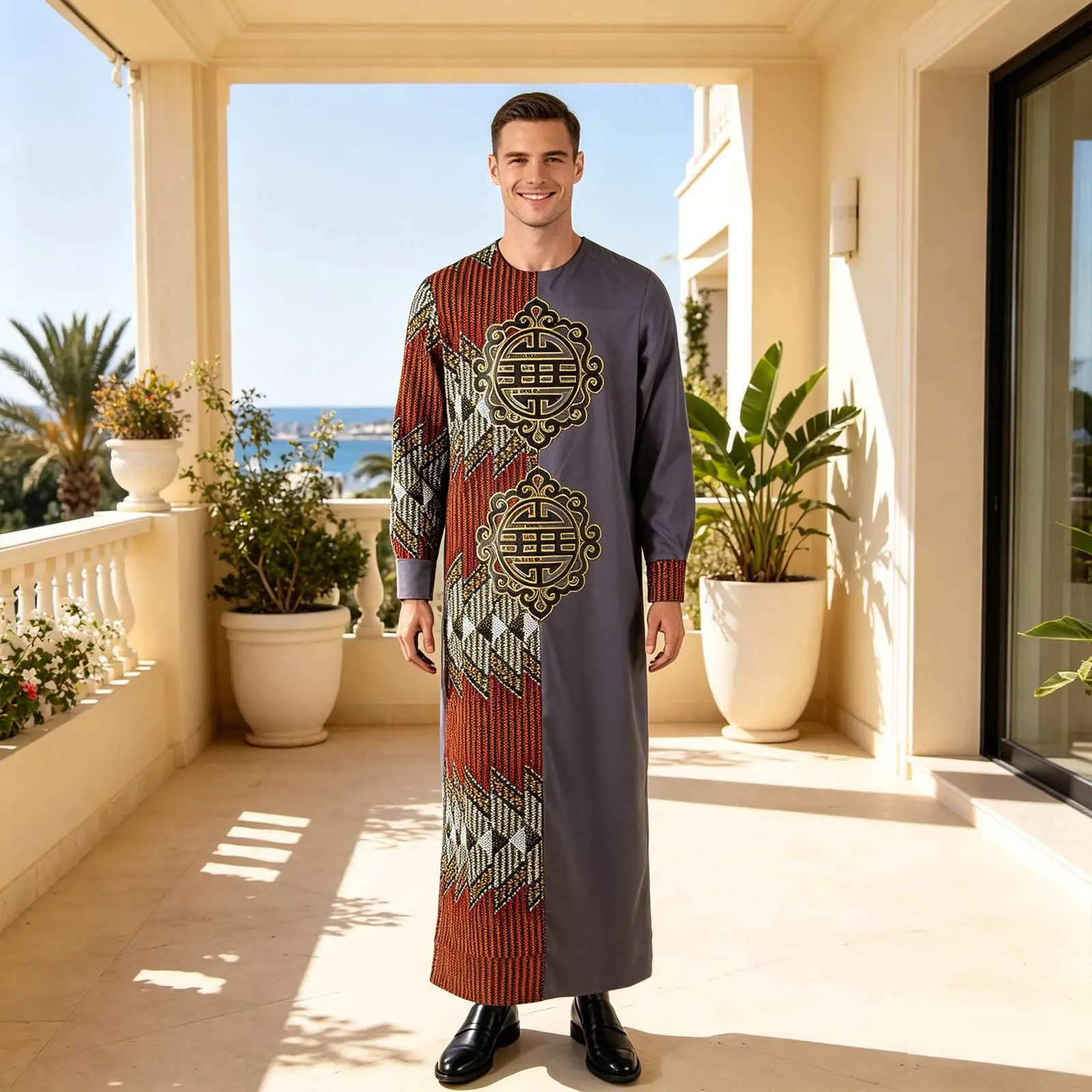 Abito da uomo musulmano alla moda, Jubba Thobe, vestaglia monopetto, vestibilità ampia, ricamato, abbigliamento africano per matrimoni e cerimonie 2514013