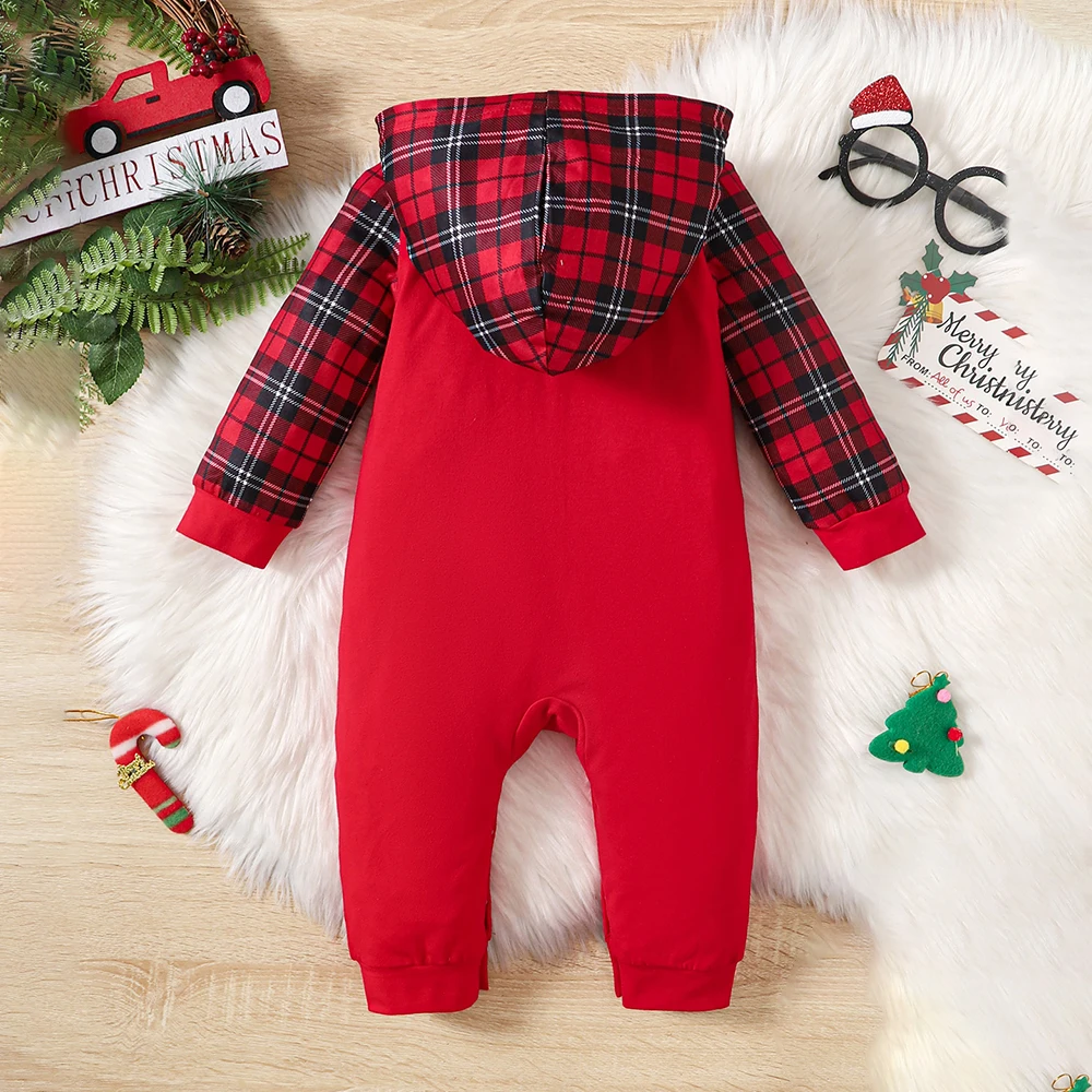 0-18M Hooded My First Christmas Baby Rompers Boys Girls Red Plaid Long Sleeve Unisex Jumpsuit New Year Costumes Winter One piece