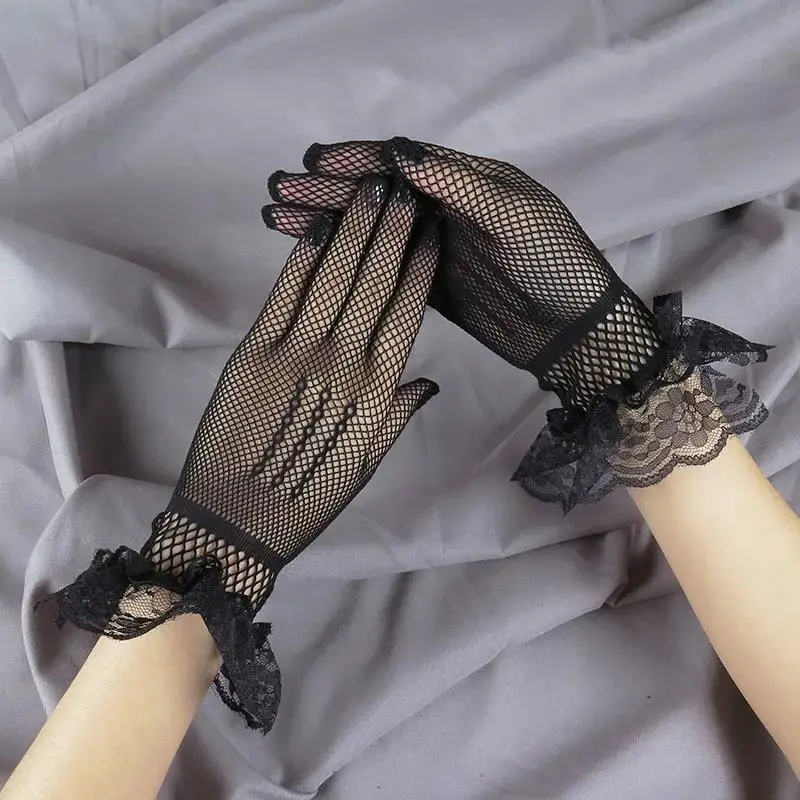 สีขาว Gaun Pesta Hitam ถุงมือเจ้าสาวลูกไม้นิ้วมือสั้น Fishnet ถุงมืองานแต่งงานนาฬิกาข้อมือความยาวอุปกรณ์เสริมเจ้าสาว Gants De Mariee