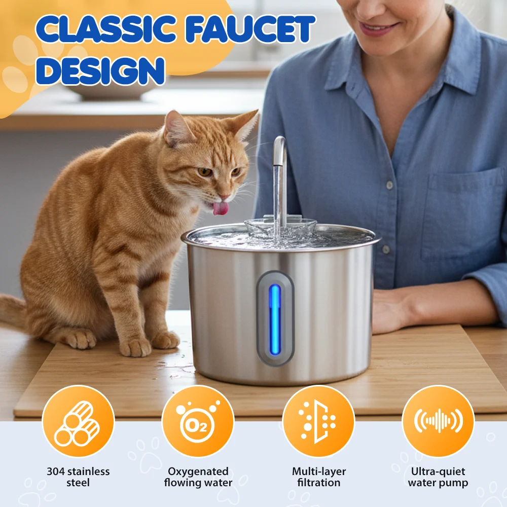 

2.2L Capacity Pet Water Fountain Stainless Steel Car Automatic Water Dispenser for Dog Cat Drinking Pet Supplies Filter System