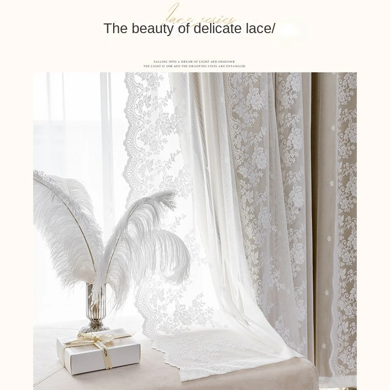 French Cream Lace Curtains Bedroom Blackout Balcony Shade Curtain Luxury Curtains for Living Room Girl Ins Wind Room Decoration