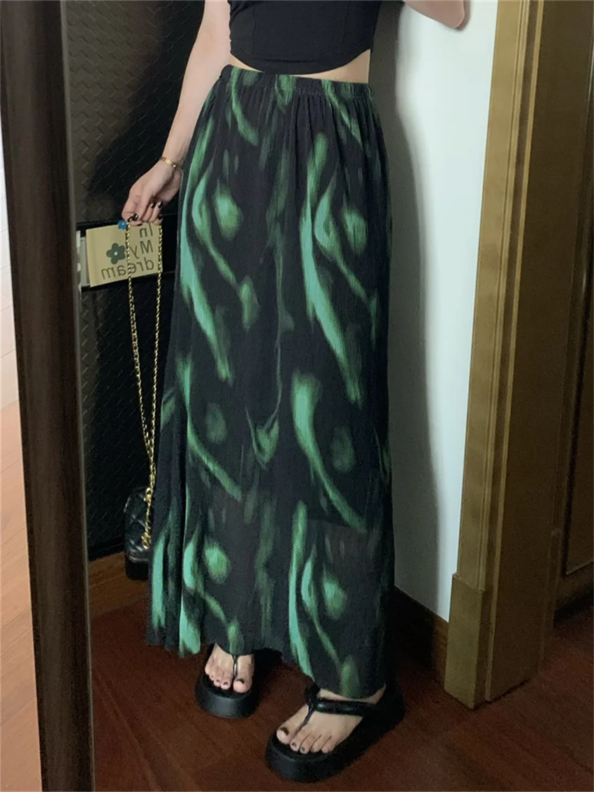 

Alien Kitty Green Tie-Dying Long Skirts Women Retro Slim Straight Camping Loose Autumn Fashion 2023 Office Lady High Waist