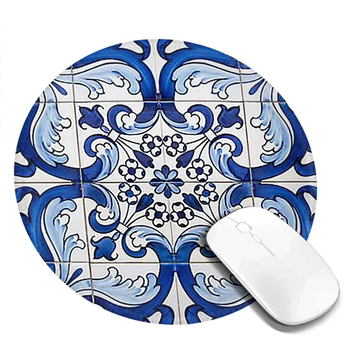 Antique Classic Lisbon Blue Azulejo Tile Floral Round Mouse Pad Computer Keyboard Mouse Mat Gamer PC Desk Mat Office Table Mats