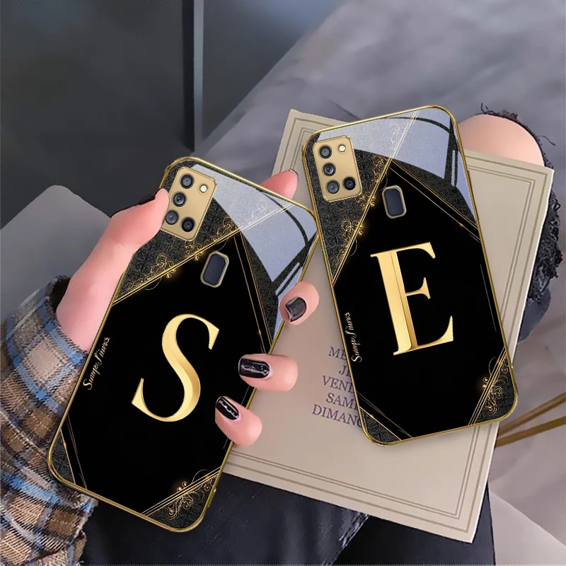 

Luxurious emblem letters For Samsung A 31 32 A33 A34 35 14 A15 13 16 25 26 50 52 53 54 55 56 70 71 72 73 Golden glass phone case
