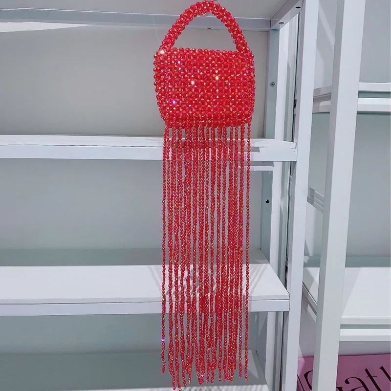 2023 New Acrylic Colorful Red Beaded Women\'s Bags Fashion Personalized Solid Tassel Design Handbag Simple Casual Handwoven Bag