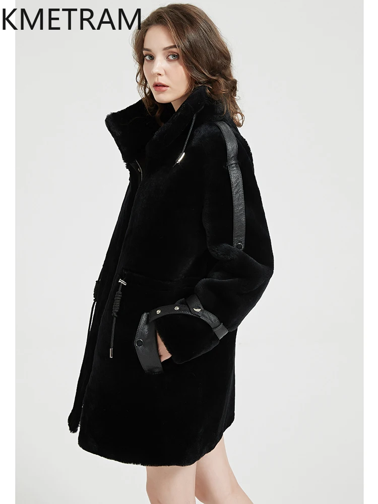 เสื้อโค้ทขนแกะแท้ 100% ผ้าขนสัตว์เมอริโน แบรนด์ KMETRAM สำหรับผู้หญิง สีดำ แจ็คเก็ตคอสูง เสื้อคลุมฤดูหนาวแบบใหม่ ปี 2025 เสื้อกั๊กผู้หญิง