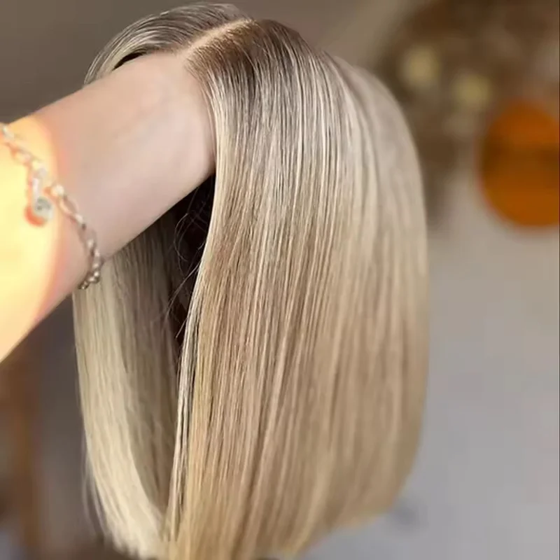 Ombre Sandy Blonde Cut Wigs Human Hair Lace Front Wigs Ash Roots
