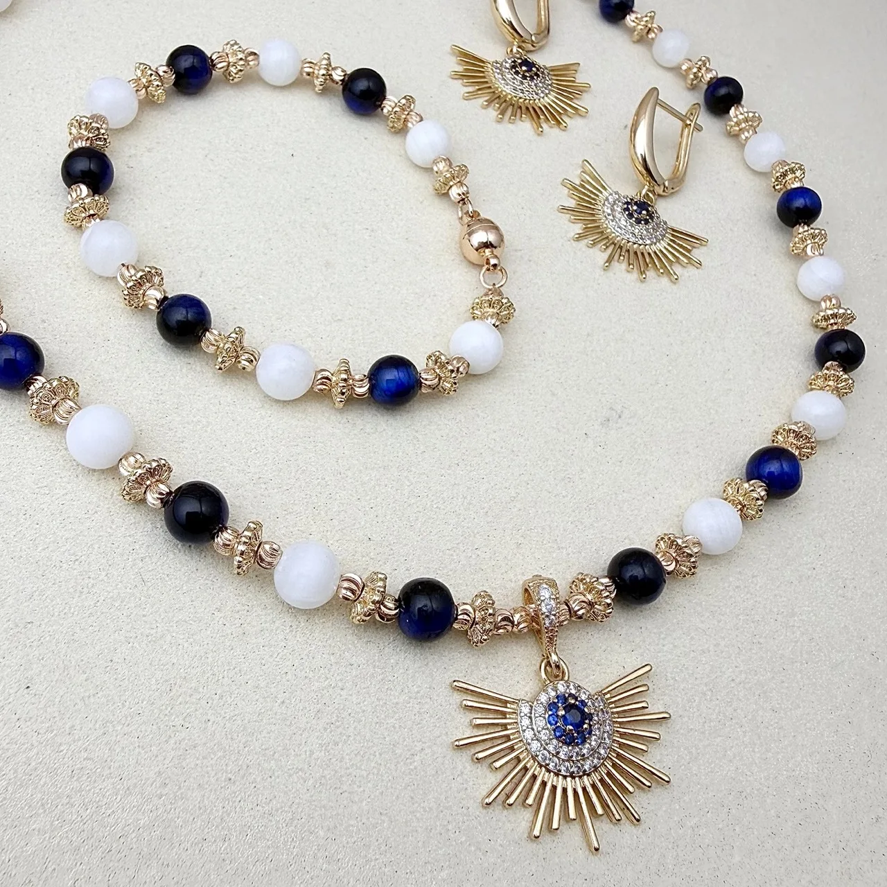 

Blue Cat's Eye & White Shell Sunburst Jewelry Set | Vintage Luxury Necklace Bracelet Earrings Elegant Versatile Gift for Her