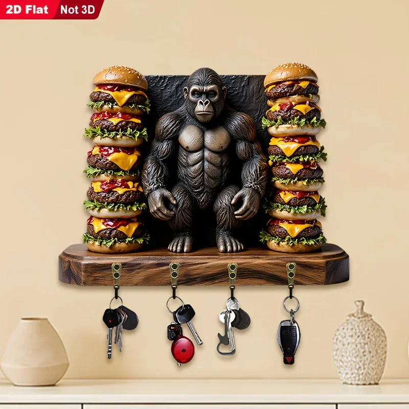 2D Flat, 1pc, Gorilla Burger Theme Key Hook, Wooden Multifunctional Home Key Holder, with Four Metal Hooks, Wall Decoration,