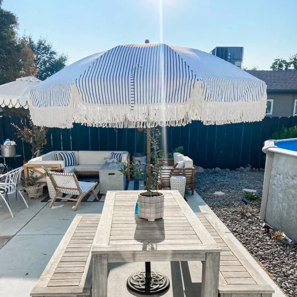 AMMSUN 7ft Patio Umbrella with Fringe Outdoor Tassel Umbrella UPF50+ Premium Steel Pole and Ribs Push Button Tilt