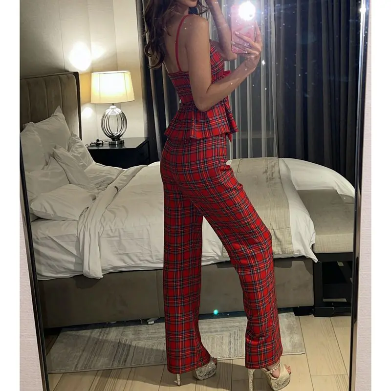 Women's Christmas Costumes Outfits Plaid Print Spaghetti Strap Ruffle Hem Bow Tied V-Neck Babydoll Tops and Long Pants 2Pcs Set