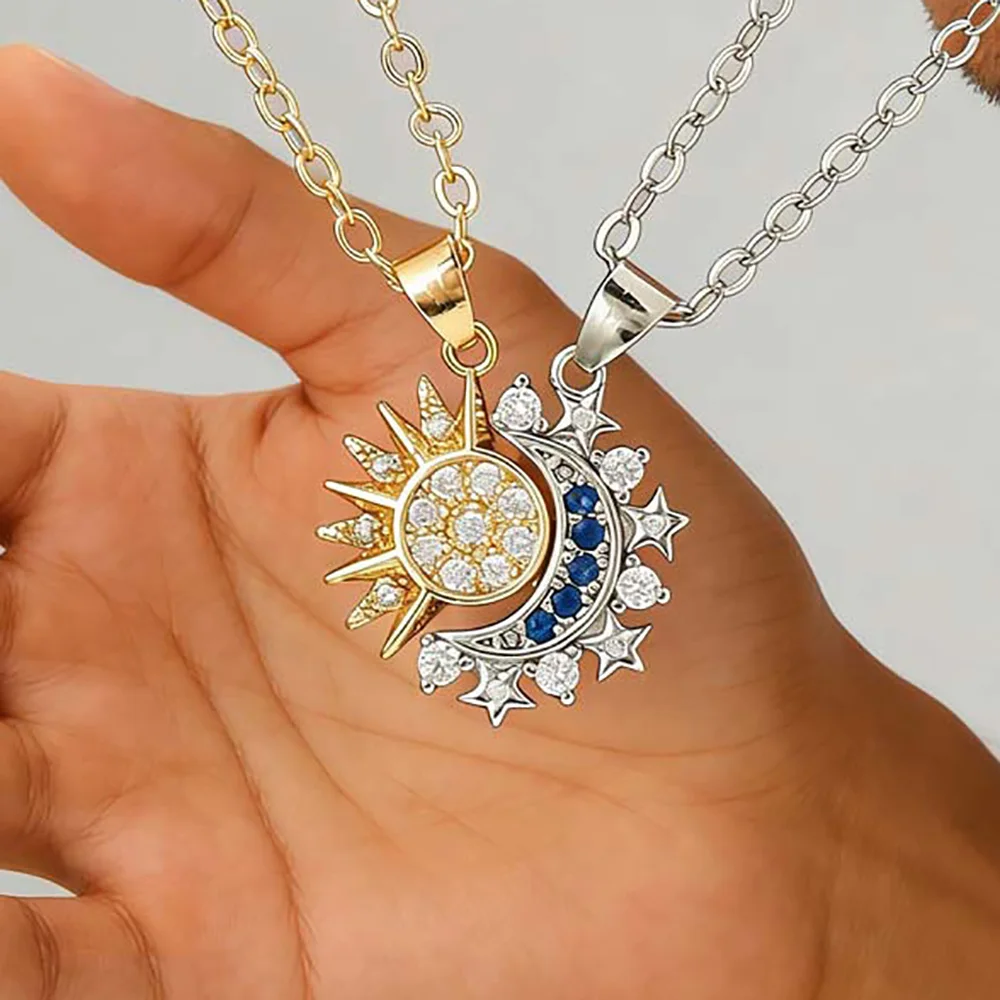 2Pcs/Set Magnetic Sun Moon Pendent Necklaces for Women Men Metal Zircon Rhinestone Sun Moon Couple Necklaces Set Jewelry Gifts