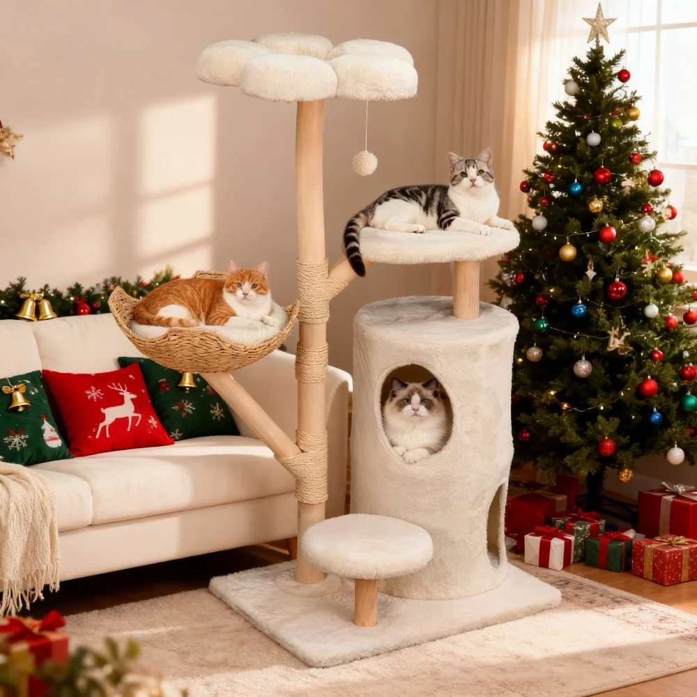 Großer Katzenbaum, Katzen-Aktivitätszentrum, Kratzbaum, Katzenkondohaus, Robustes Holz-Katzenmöbel
