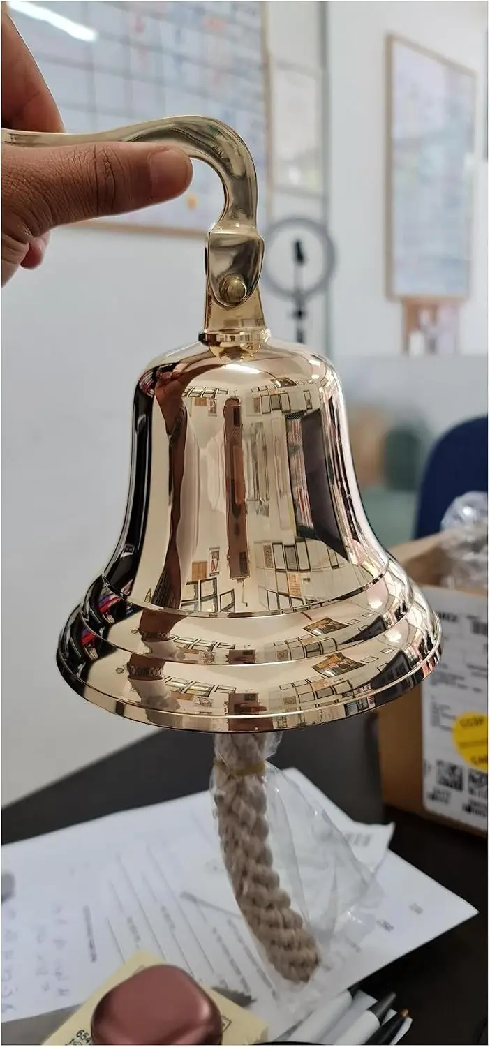 Solid Brass Wall Mounted Ship Hanging Bell for Reception, School, Outdoor, Indoor, Dinner & Chruch - 6 Inch by