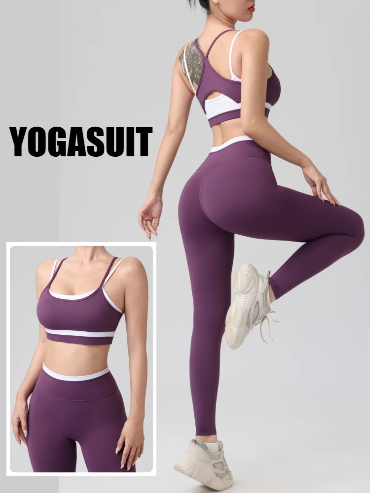 Color-Block Yoga Fitness Running Suit Women's Cross-Back Bra Pants Summer Sportswear Set Breathable Knitted Fabric Gym Outfit
