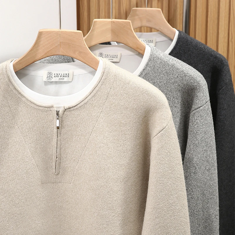 

Ele Double Layered Men's Knit Sweater round Ne Luxury Casual Faion Warm Straight Fit Long Sve Busin Autumn Wear