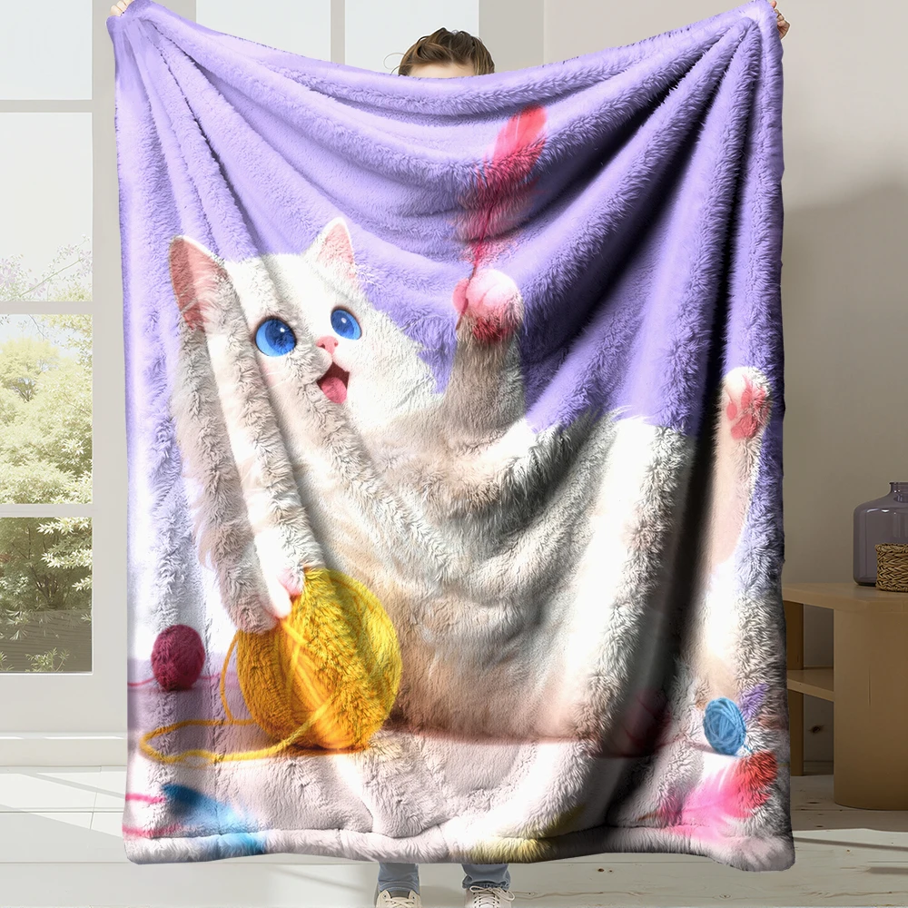 Weiche Flanell-Fleece-Decke mit süßer Katze, Digitaldruck, superwarm, gemütlich, Überwurfdecke für Bett, Couch, Sofa, Heimdekoration, Geschenk (Katze 02)