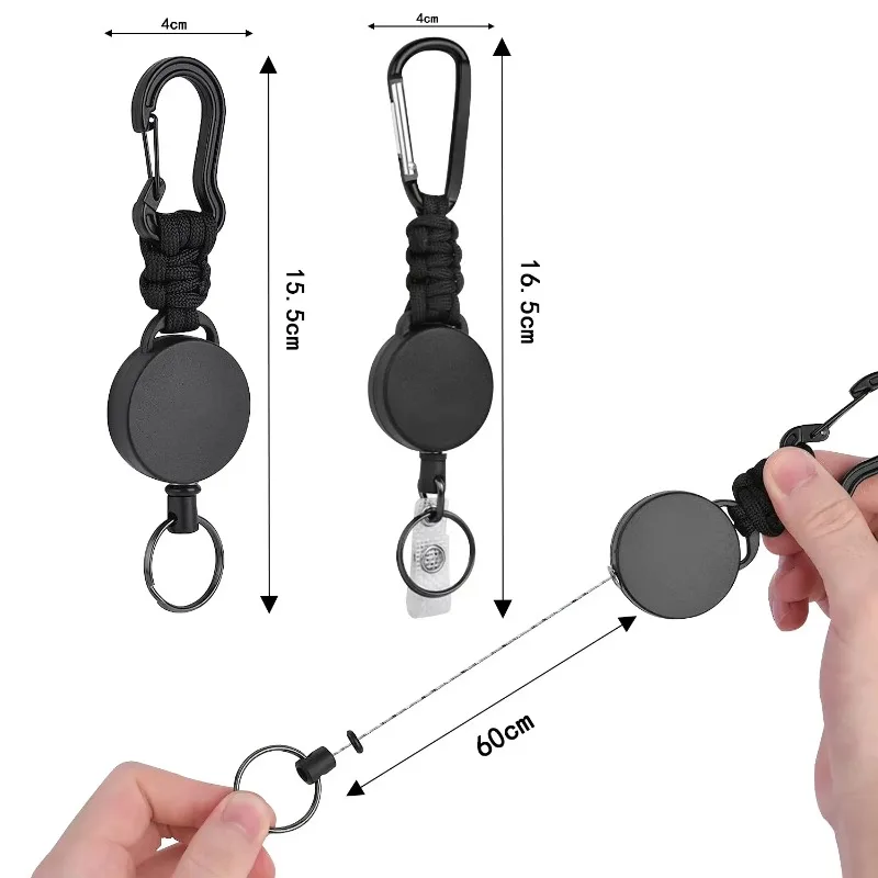 Black High-elastic Heavy-duty Retractable Key Chain Umbrella Rope Woven Buckle Carabiner Buckle Easy To Pull Badge Clip