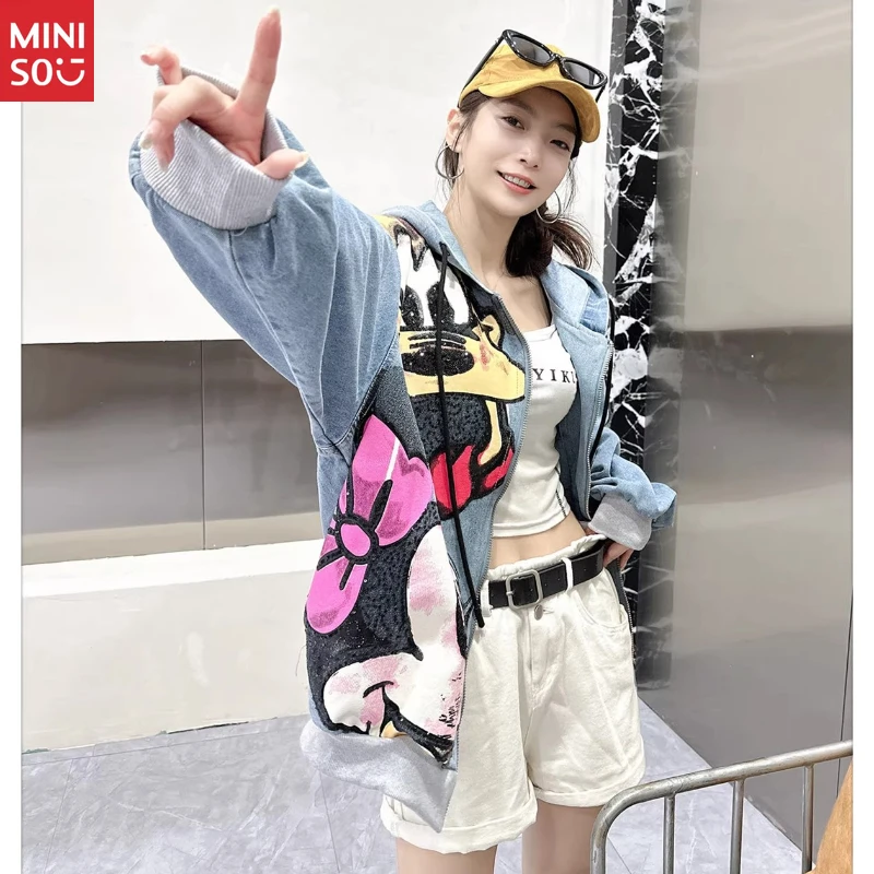   Veste de baseball de dessin animé, broderie de paillettes lourdes, manteau en jean unisexe