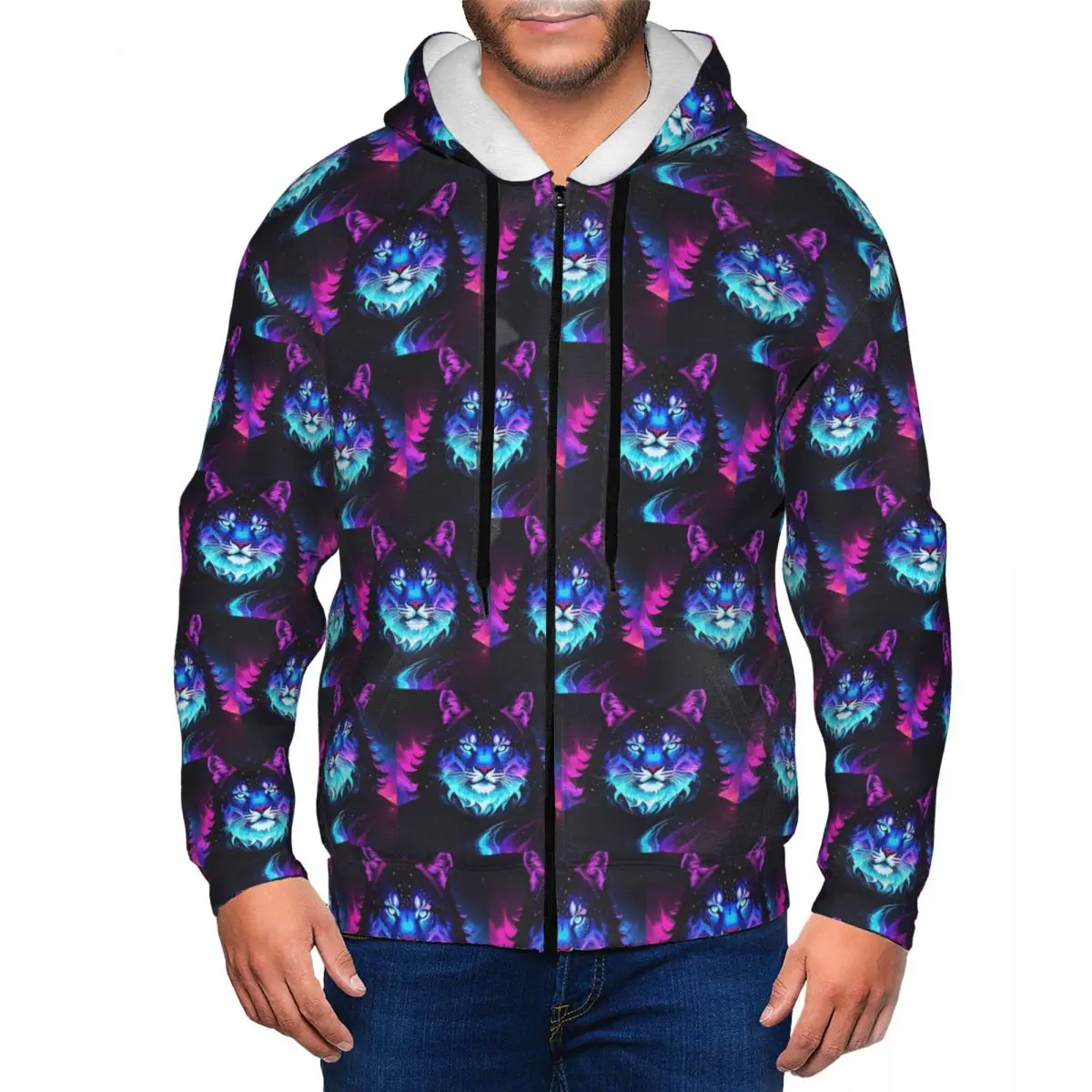 Cosmic Neon Tiger Spirit Space Galaxy Wolf Lion Face Zipper Hoodie Hip Hop Pullover Autumn Winter Sweatshirt Long Sleeve Tops