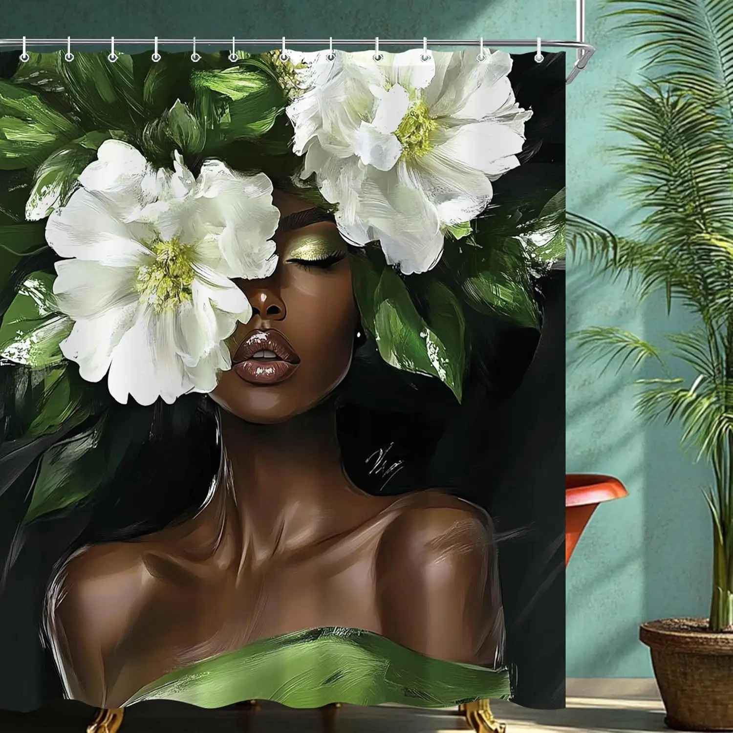 

Vintage Black Girl Women Shower Curtain Sets for Bathroom African American Shower Curtain Modern Afro Sexy Lady Green White
