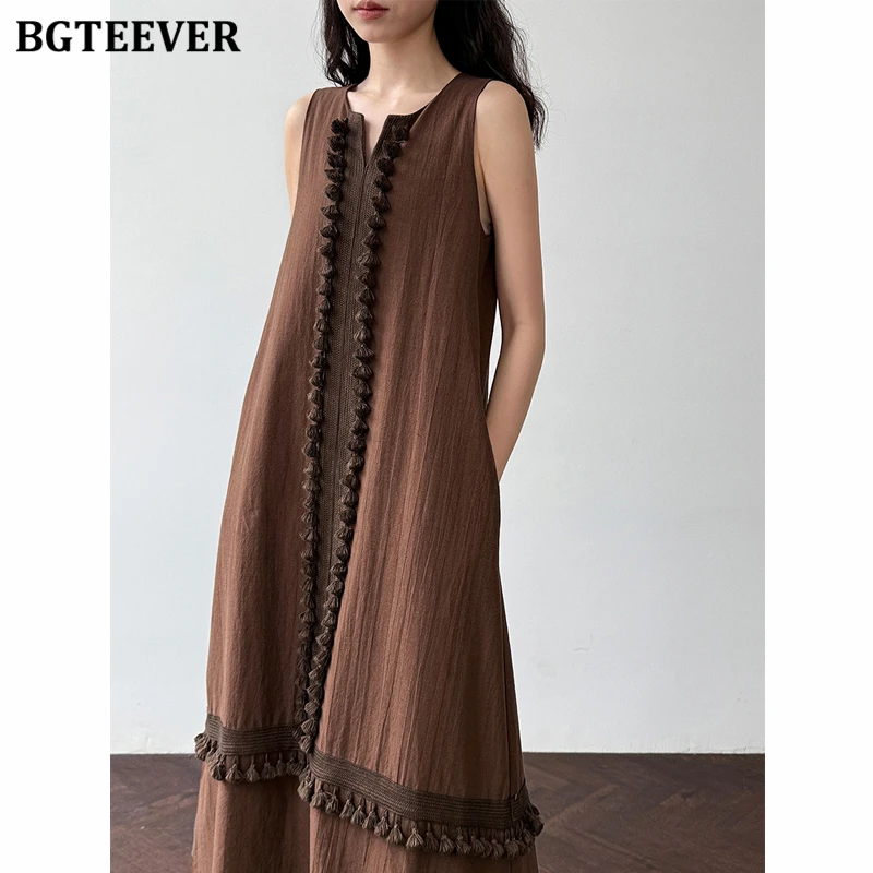 

BGTEEVER Vintage Loose Tassels Women Dress Summer Causal V-neck Ladies A-line Dress