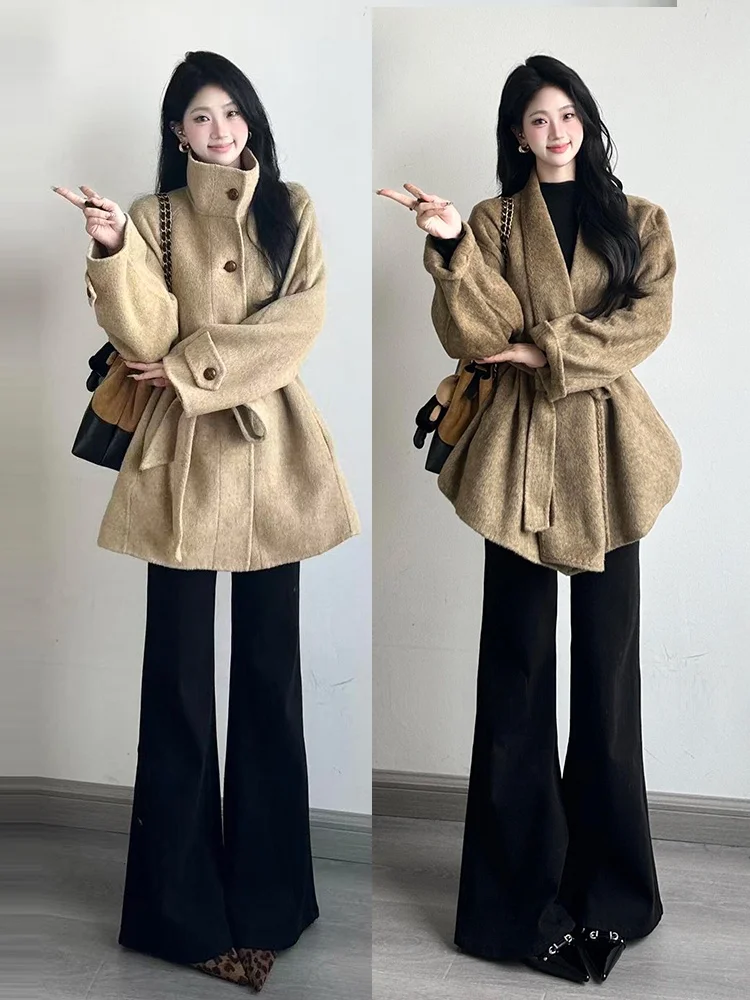 Bla Fce 裏地付きベルボットジーンズ レディース ハイウエスト ルーズフィット カジュアル 快適 ストレッチデニムパンツ 秋冬新作