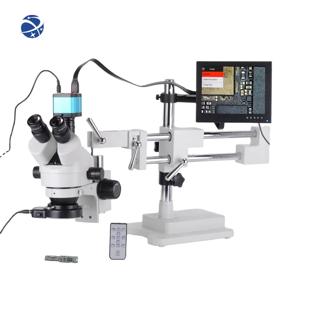 

7X-45X настольная стойка с увеличением, зум, Тринокулярный стереомикроскоп, проверка печатной платы, микроскоп 14 МП, камера + 8-дюймовый ЖК-дисплей