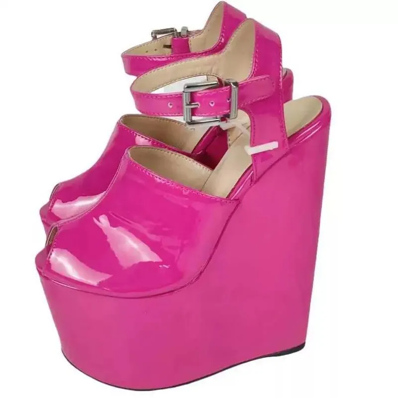 

DIZHUANG Fashionable women's high-heeled sandals. Rose red patent leather sandals About 18cm heel height Wedges platform sandals