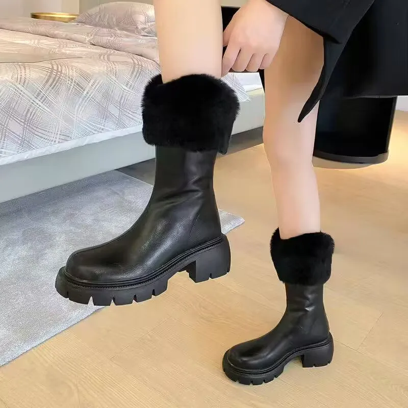 2024 Women's Thick Snow Boots Leather And Fleece Warm Personality Beautiful Comfortable Casual Non-Slip Ankle Boots