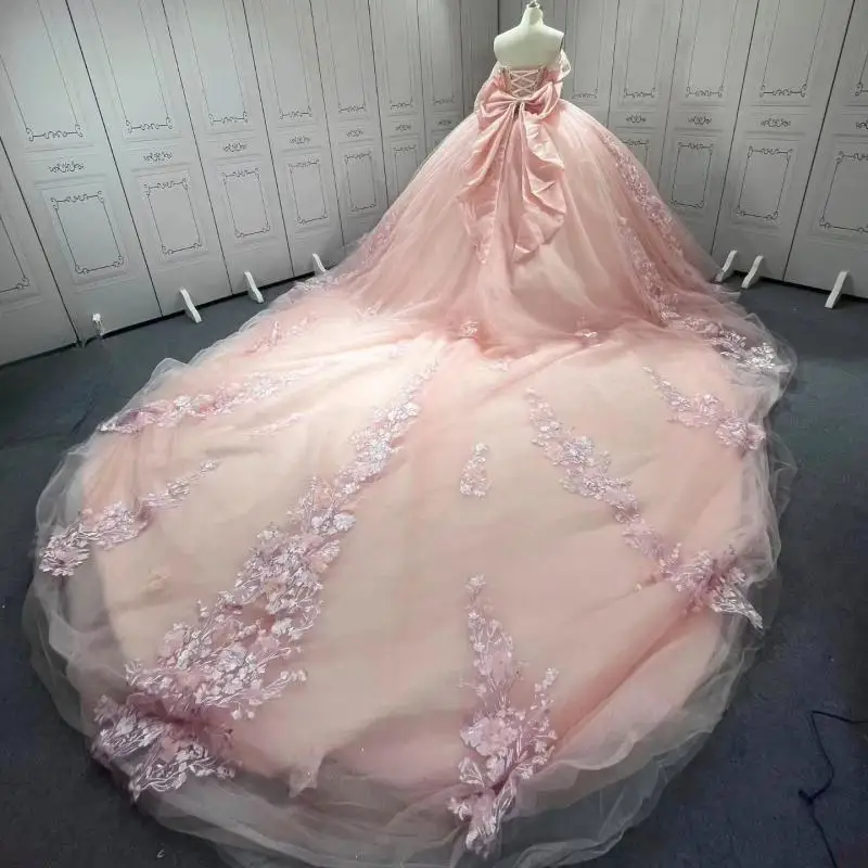 Robes de Quinceanera roses et brillantes, appliques de perles, dentelle, fleur, hydro-nœud, robe éducative de 15 ans, fête d'anniversaire, robe de princesse Sweet 16