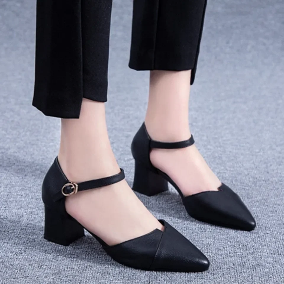 Women Cute Pointed Toe Green Patent Leather Buckle Strap Square Heel Shoes for Spring & Summer Lady Cute Black Office Shoes A111