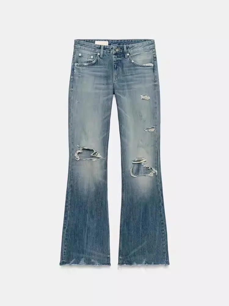 

Retro Loose Fit Bell Bottom Jeans Women's Casual Spring Summer New Arrival Distressed Natural Waist Cotton Denim Pants