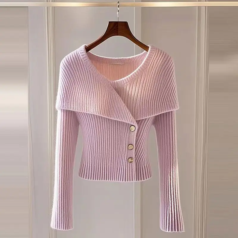 High-end-Herbst Winter Mantel Gestrickte Pullover Frauen Schlank Tops Taste Revers Langarm Pullover Design Rosa Pullover Kleidung trend