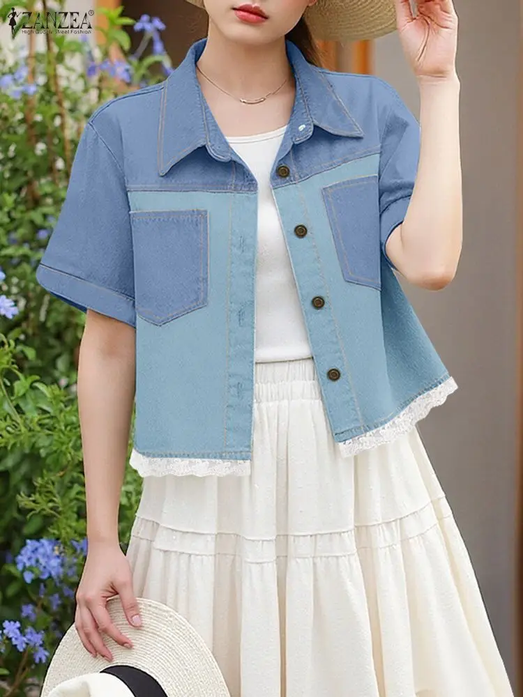 بلوزة ZANZEA للسيدات بأكمام قصيرة مرقعة لعام 2025 قمصان صيفية عصرية غير رسمية برقبة على شكل طية صدر السترة وأزرار قميص أنيق للعمل المكتبي #3